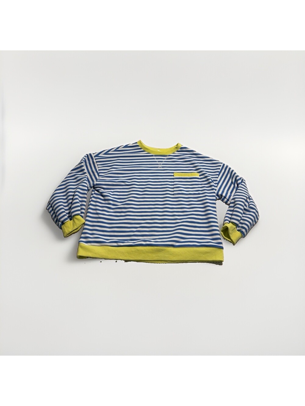 Tarse Blue White Striped Sweatshirt Neon yellow Trim Crew Neck Pullover Large